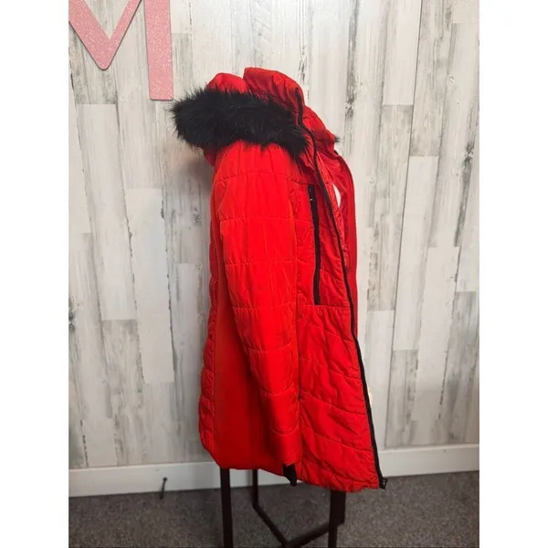 Michael Kors Women Red Puffer Coat Faux Fur Hood Winter Jacket Size - Image 8