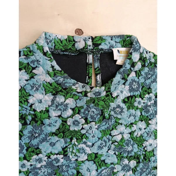 Maeve Anthropologie Floral High Neck Top Blue Green Jacquard Short Sleeve Small - Image 4