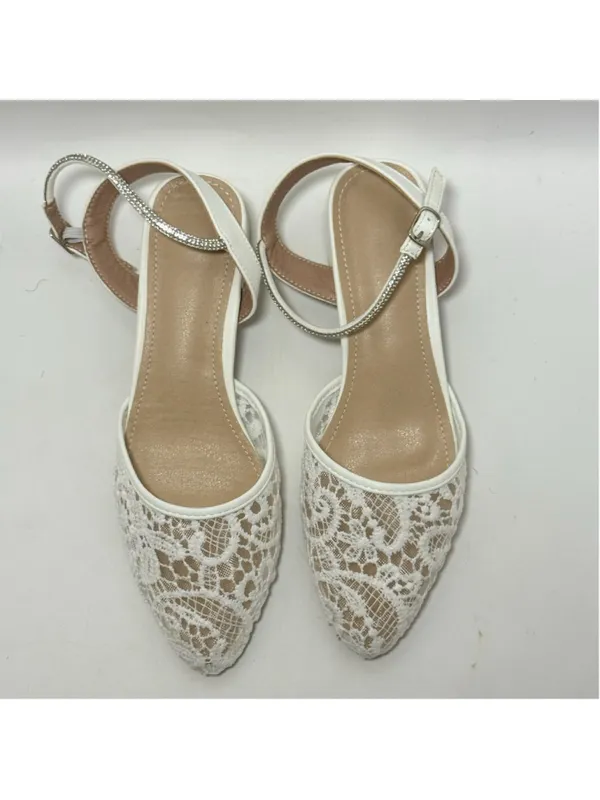 White Lace Low Block Heel Ankle Strap Wedding Shoe Sandals Size 40 - Image 5