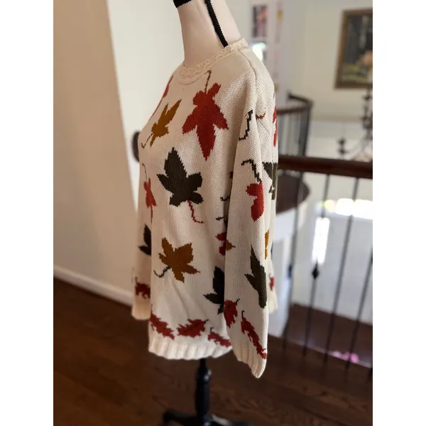 Classic Elements Vintage 90s Cream Fall Tone Orange Green Leaf Print Crewneck Sweater Whimsygoth - Image 3