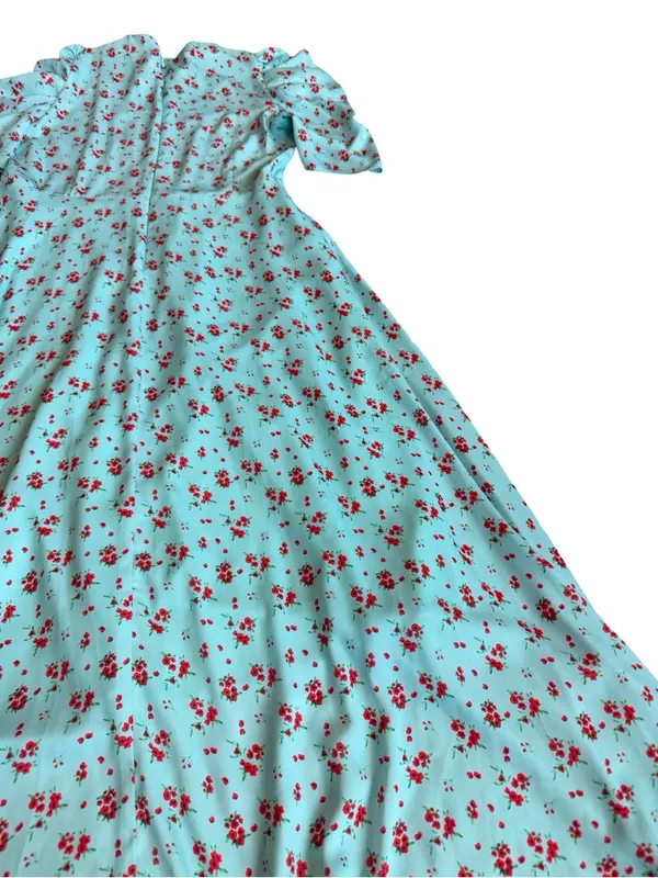 Galon De Blanc Aqua Floral Puff Sleeve Maxi Dress V Neck Ditsy Size 6 Women's - Image 11