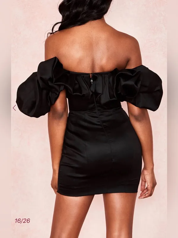 NEW House of CB SELENA Black Satin Puff Off the Shoulder mini Dress sz XS - Image 4