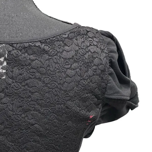 Free People Womens Cotton Floral Lace Puff Sleeve A-Line Dress Black‎ Size L - Image 5