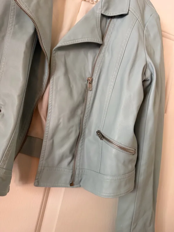 Gianni Bini Baby Blue Faux Leather Motto Jacket - Image 3
