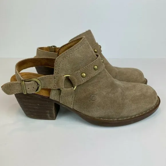 Born‎ Bagley Clogs Mules 7 Suede Leather Studded Taupe Harness Buckle - Image 2