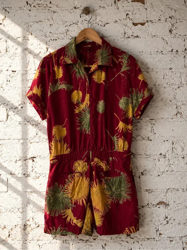 Free People Malibu Romper Burgundy Palm Print Boho M - Image 3