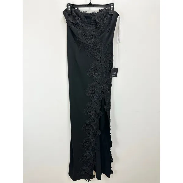 Lulus Elegant Mood Black 3D Floral Applique Strapless Maxi Dress Formal S NWT - Image 5