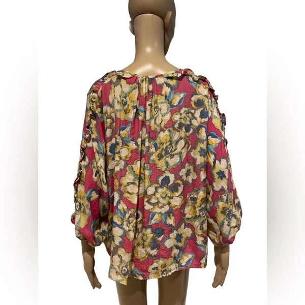 Zac & Rachel Watercolor Boho Blouse Sleeve Ruffle size L - Image 4