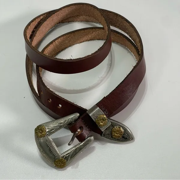 Vtg Nickel Silver Hardware Belt Leather Floral Women 43'' Brown Western Cowgirl - Image 2