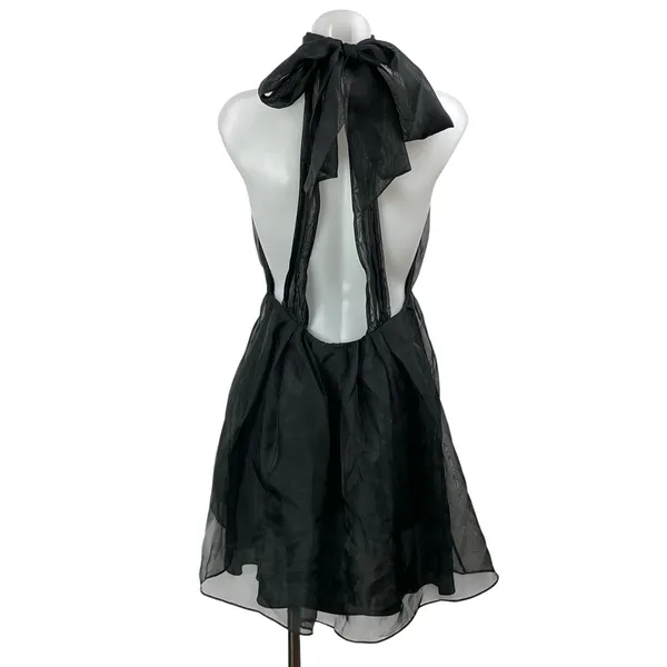 Zara Black Organza Halter Tie Sleeveless Pleated Fit & Flare Mini Dress Size M - Image 3