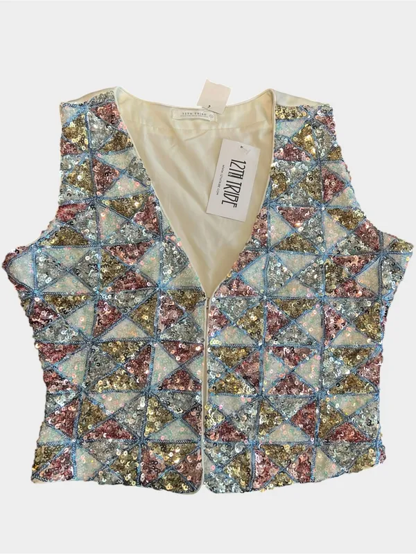 12th Tribe NWT Sequin Open Front Vest Top Large Pastel Geometric Festival Boho - Image 2