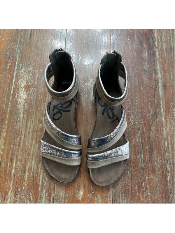 OTBT Souvenir Metallic Leather Ankle Wrap Sandals Silver Taupe Zip 7.5 Gladiator - Image 10