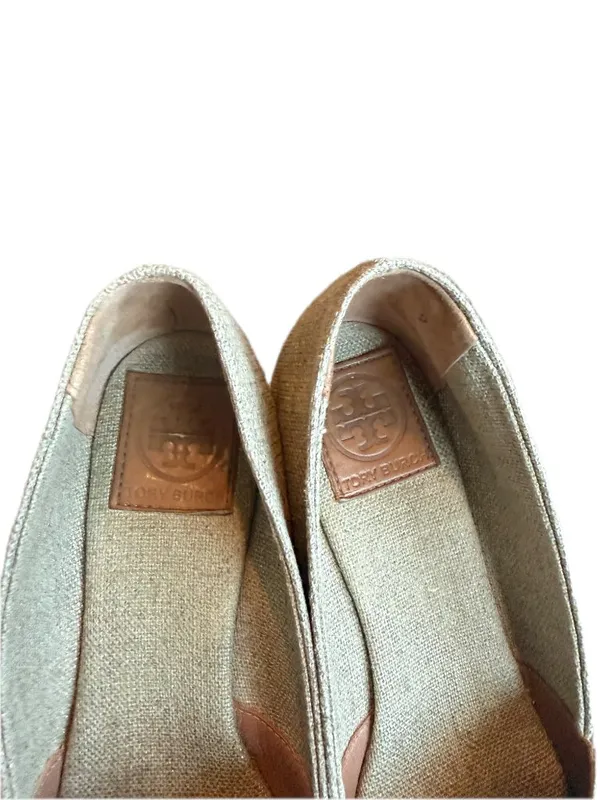 Tory Burch Tan Canvas Peep Toe Espadrille Wedges Platform Stretch Size 9 Women's - Image 4