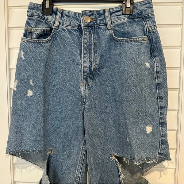 Zara High Rise Destroyed Straight Leg Jeans Sz 2 Ripped Blue - Image 8