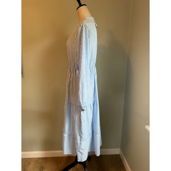 Blue White Striped Maxi Dress Long Sleeve L NWT costal preppy cottage resort boh - Image 5