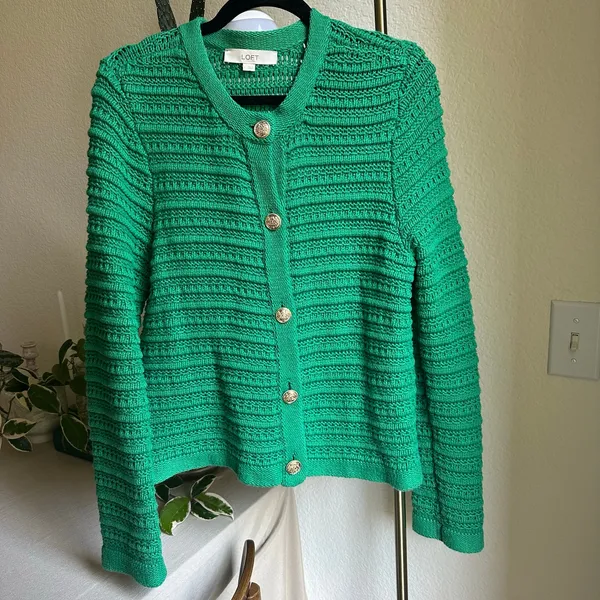 LOFT Women’s Green Chunky Crochet Cardigan Long Sleeve Sweater with Gold Buttons - Image 2