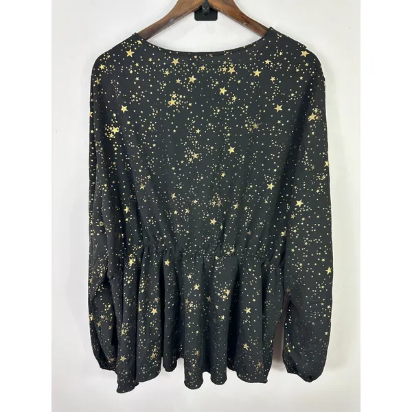 SHEIN Curve Blouse Womens 5XL Black Gold Foil‎ Star Ruffle Peplum Celestial Top - Image 3