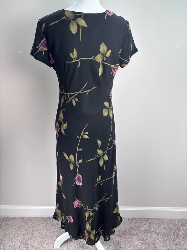 Jessica Howard Black Pink Rose Floral Short Sleeve Maxi Gown Dress Vintage - Image 7