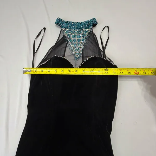 Vintage Black Velvet Evening Gown with Beaded High Neck and Mesh Detailing - Image 4