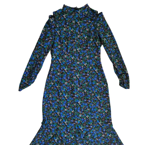 Zara Womens Blue Floral Cold Shoulder Mock Neck‎ Long Sleeve Midi Dress Large - Image 9