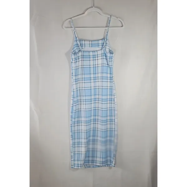 No Boundaries Light Blue Plaid Sleeveless Cami Midi Dress Side Slit M 7-9 Junior - Image 2