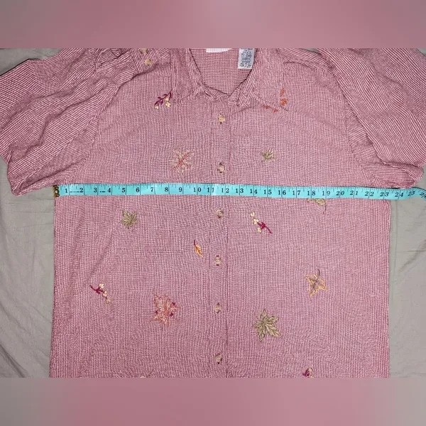 Cabin Creek Embroidered Fall Leaves Flannel Button Up Shirt Women's Large Red/Wt - Image 4