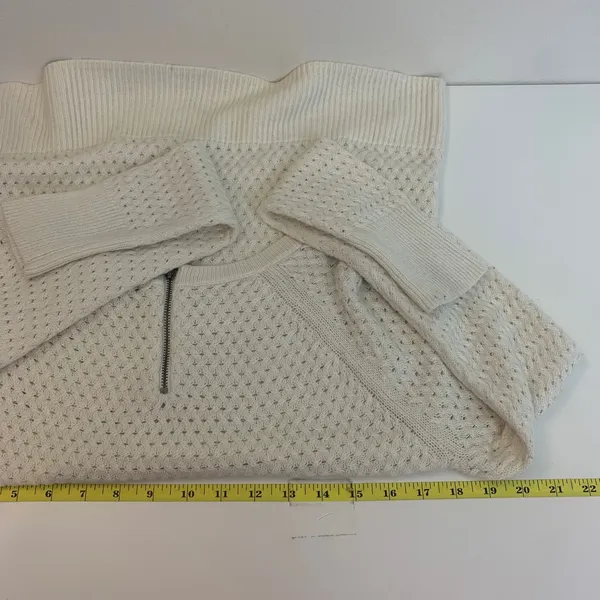 American Eagle Womens M‎ Cream Pointelle Open Knit Scoop Neck Back Zip Sweater - Image 3