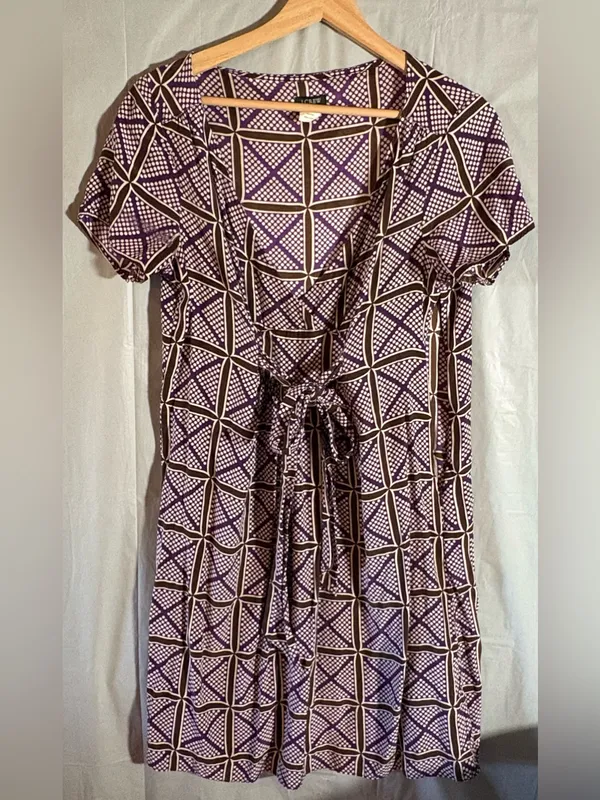 J. Crew Dress Sz 6 Purple Brown‎ Geometric Print 100% Silk Luxury Polka Dot Midi - Image 2