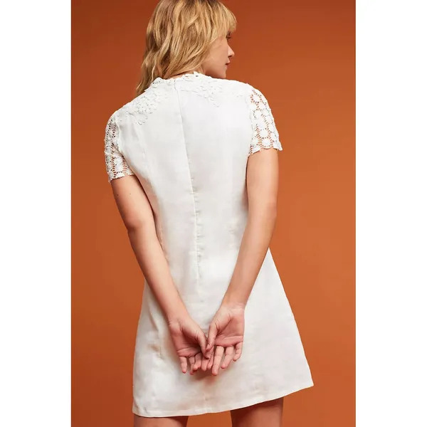 Corey Lynn Calter Anthropologie Lorient White Linen Crochet Mini Dress 6 Cottage - Image 2