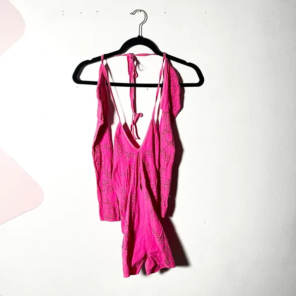 Oh Polly Unitard Romper Womens M/L Pink Rhinestone Cut Out Rave Festival - Image 2