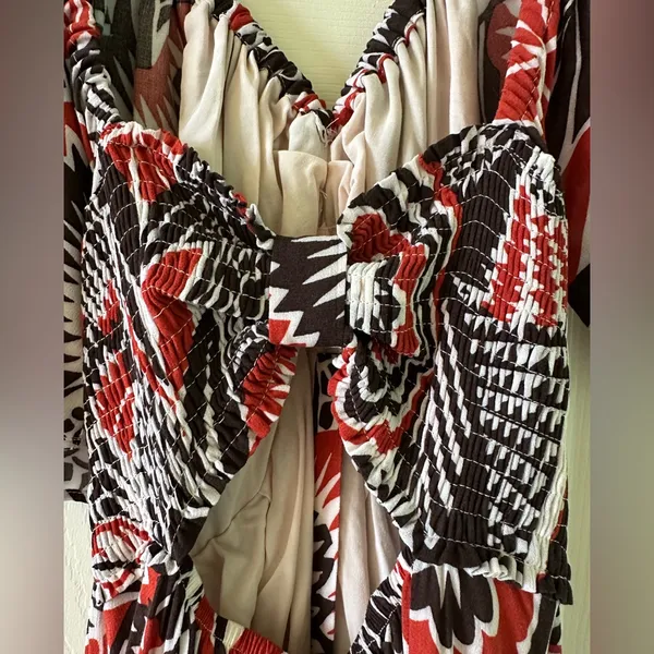 👗🌟Anthropologie Tiered Maxi Dress XS Boho Cutout Flutter Sleeve Red Black Print - Image 11