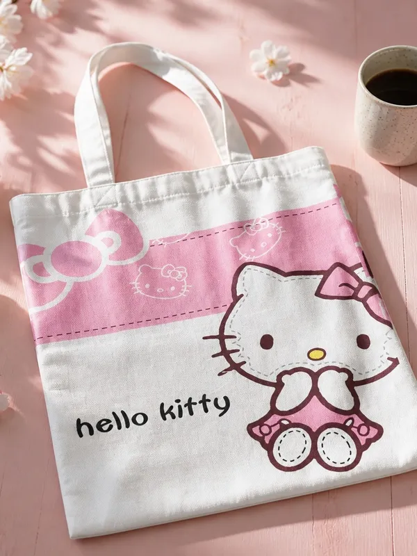 Hello Kitty w/ Pink Bow Extra Large White Canvas Tote Bag - Image 2