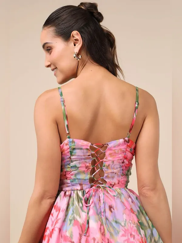 Lulus Evonne Pink Abstract Floral Tiered Mini Skater Dress - Image 5