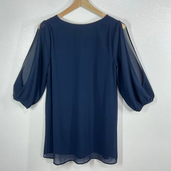 LULUS Shifting Dears Navy‎ Blue Chiffon Cold Shoulder Long Sleeve Shift Dress - Image 4