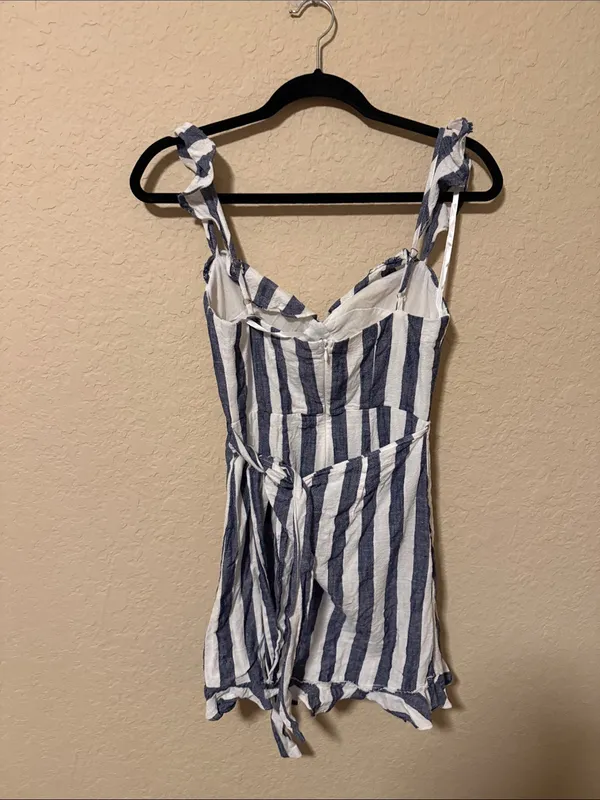 Selfie Leslie Navy and White Striped Tie-Waist Romper - Image 2