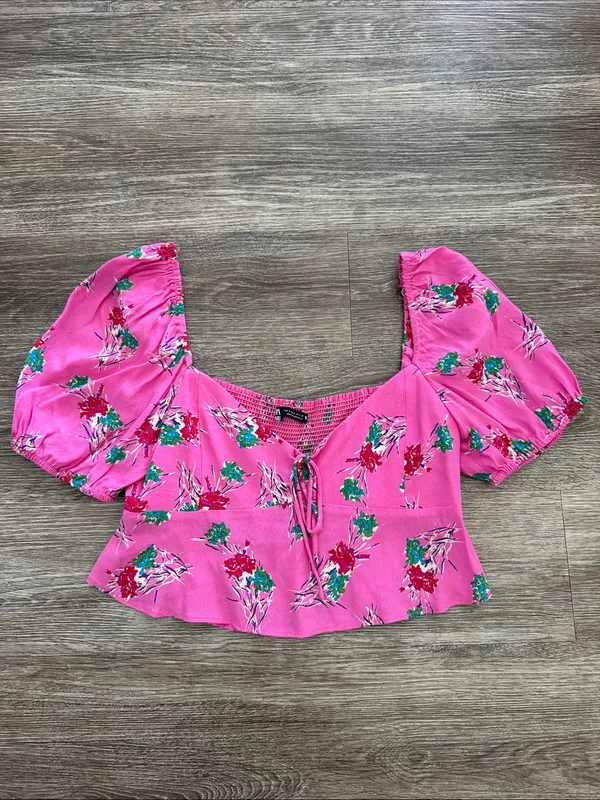 Zara pink floral feminine puff sleeve crop top blouse small - Image 5