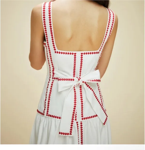 Anthropologie lovers NWT COMMENSE White and Red Trim Maxi back Bow Dress Small - Image 4
