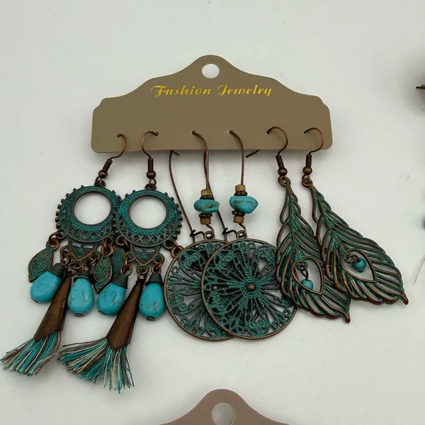 Boho Turquoise 13 Pair Dangle Earrings Bundle | Tassel Feather Shell Bronze - Image 6