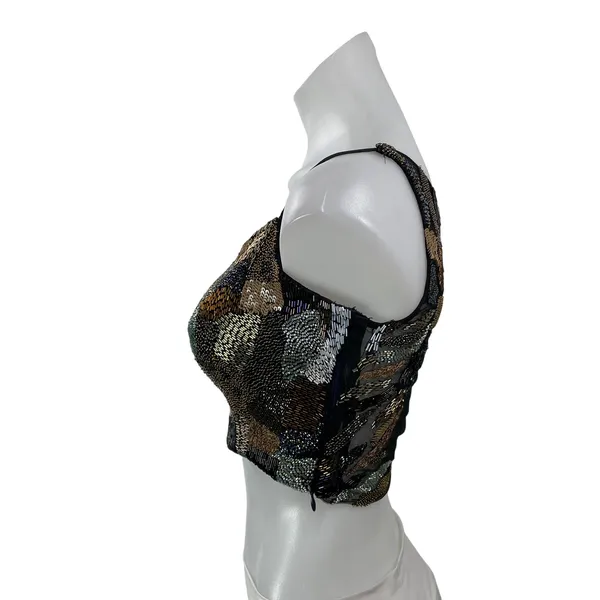 Women's Black Beaded Patchwork Mesh Sleeveless V Neck Cami Tank Crop Top Size S - Image 2
