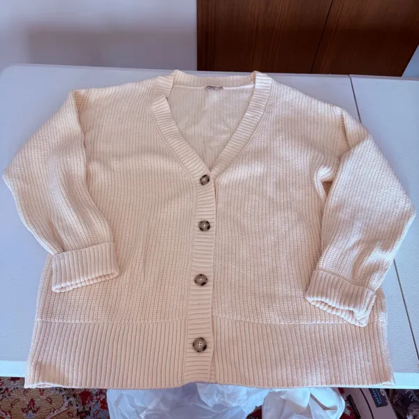 FAHERTY Cream Knit Cotten Cardigan‎ Sweater Women XL V-Neck Button Front Minimal - Image 7