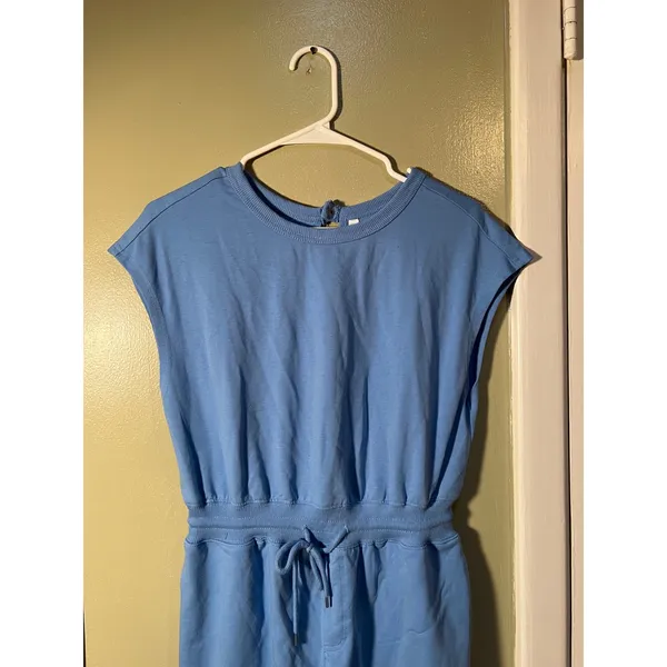 Womens Sz Small Casual Romper Light Blue Open Back Elastic Waist Tie Closure Cap - Image 5