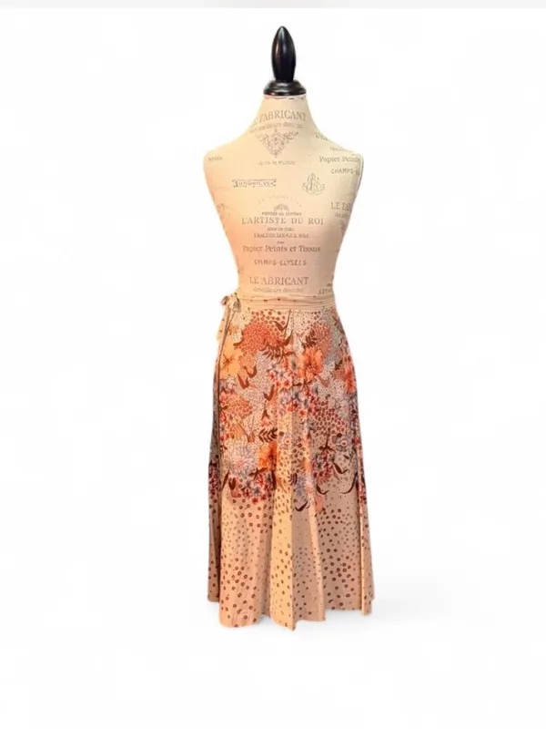 Orange, Brown, and Beige Floral Print A-Line Midi Wrap Skirt - Image 9