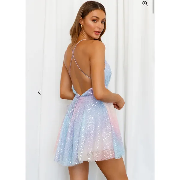Hello Molly Pastel Rainbow Sequin Purple Blue Pink Mini Plunge Skater Dress - Image 2