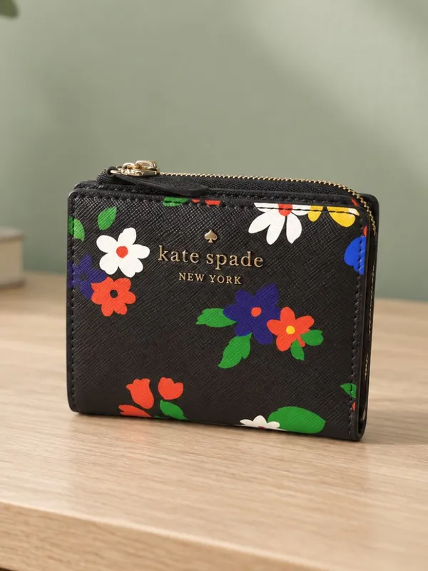 Kate Spade Floral Compact Snap Wallet Black Multicolor Zip Coin Pocket - Image 2