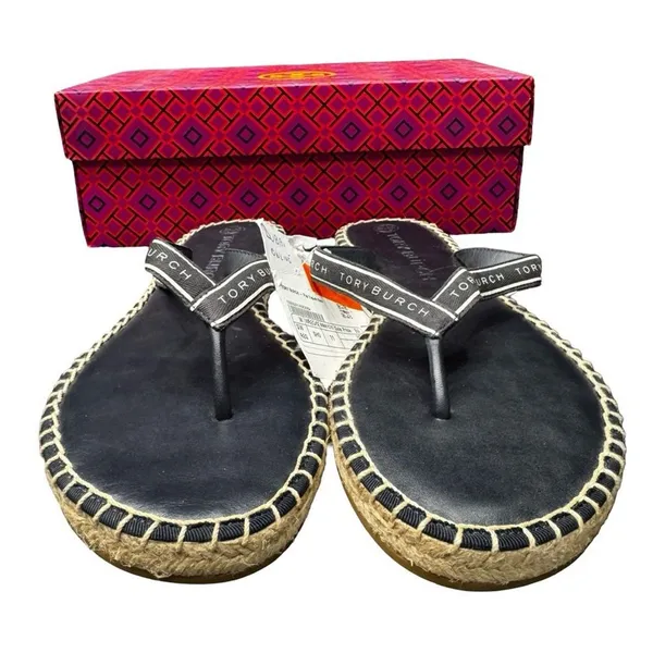 Tory Burch Flat Espadrille Sandals Women’s 11 Black White Logo Strap BNIB - Image 3