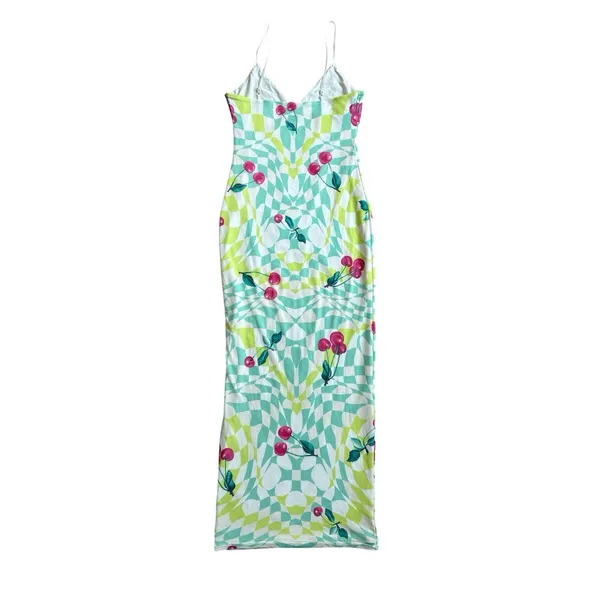 AFRM Amina Mesh Midi Slip Dress Size XS Green Checkered Red‎ Cherry Print - Image 8