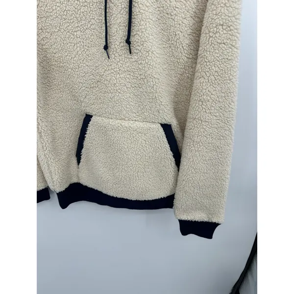 Old‎ Navy Womens Sherpa Pullover Hoodie Cream Navy Blue Medium Teddy Sweatshirt - Image 4