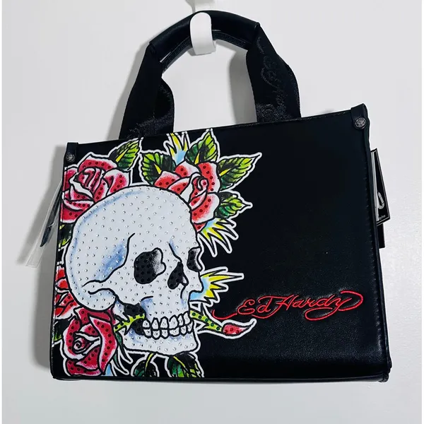 Ed‎ Hardy Y2K Skull Rose Tote Bag NWT Black Vegan Leather Rhinestone Crossbody - Image 2