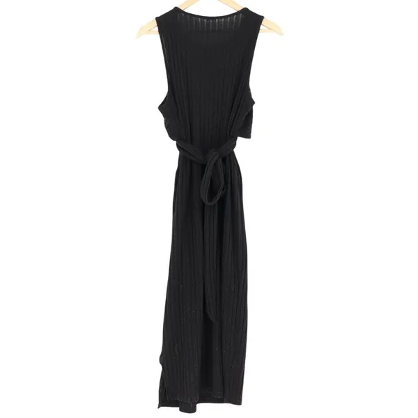 Black Ribbed Knit Maxi Dress Sleeveless Wrap Front Tie Waist - Image 4