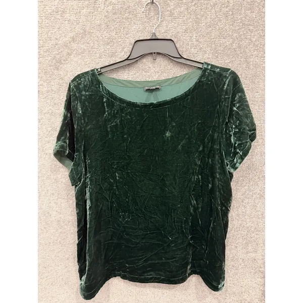 Eileen Fisher Womens Top XL Green Crushed Velvet Silk Blend Short Sleeve Tee - Image 3